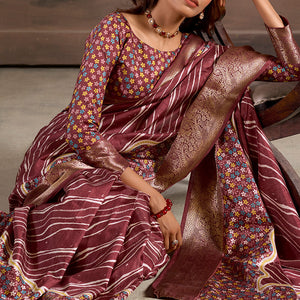 Rhapsody Wine Digital Printed Dola Silk Saree With Skinny Blouse Piece