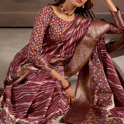 Rhapsody Wine Digital Printed Dola Silk Saree With Skinny Blouse Piece