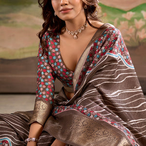 Wonderful Brown Digital Printed Dola Silk Saree With Trendy Blouse Piece