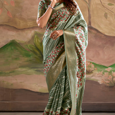 Impressive Green Digital Printed Dola Silk Saree With Twirling Blouse Piece