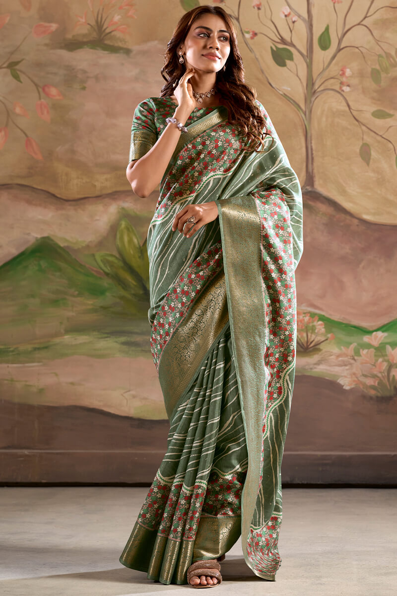 Impressive Green Digital Printed Dola Silk Saree With Twirling Blouse Piece