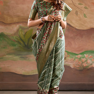 Impressive Green Digital Printed Dola Silk Saree With Twirling Blouse Piece