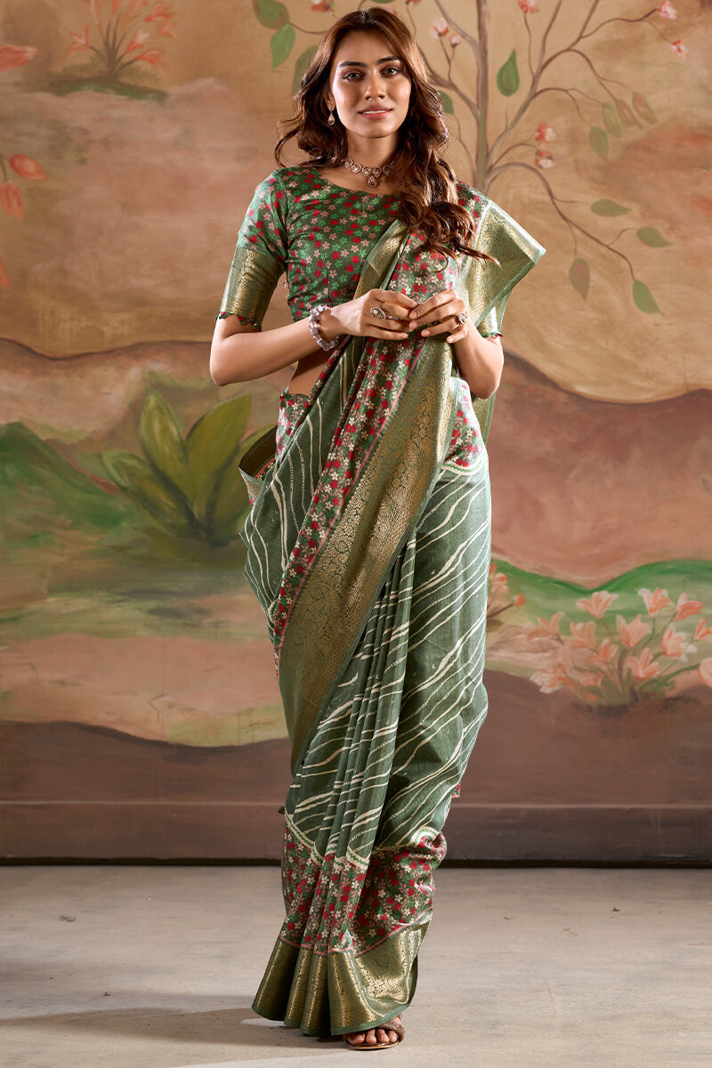 Impressive Green Digital Printed Dola Silk Saree With Twirling Blouse Piece