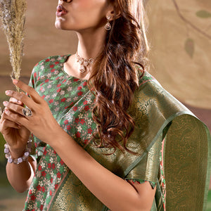 Impressive Green Digital Printed Dola Silk Saree With Twirling Blouse Piece