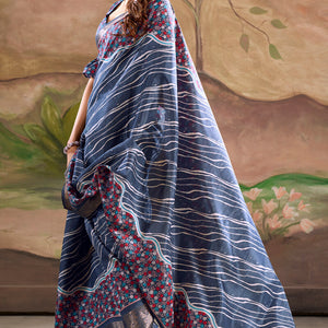 Classy Blue Digital Printed Dola Silk Saree With Fancifull Blouse Piece