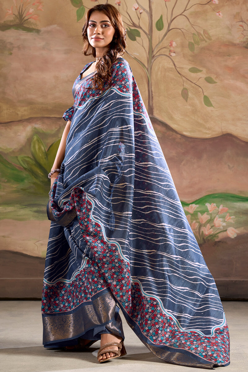 Classy Blue Digital Printed Dola Silk Saree With Fancifull Blouse Piece