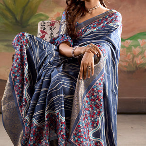 Classy Blue Digital Printed Dola Silk Saree With Fancifull Blouse Piece
