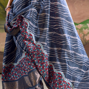 Classy Blue Digital Printed Dola Silk Saree With Fancifull Blouse Piece