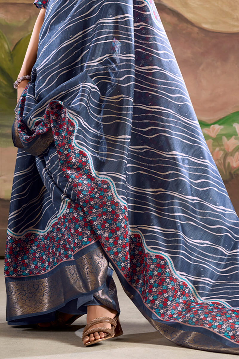 Classy Blue Digital Printed Dola Silk Saree With Fancifull Blouse Piece