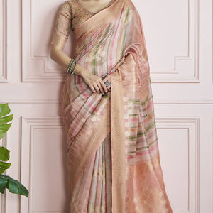 Mesmerising Pink Digital Printed Khadi Silk Saree With Refreshing Blouse Piece