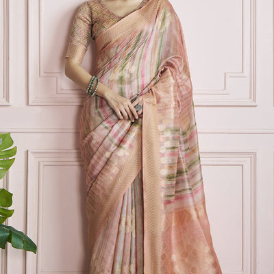 Mesmerising Pink Digital Printed Khadi Silk Saree With Refreshing Blouse Piece