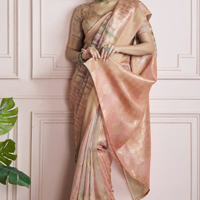Mesmerising Pink Digital Printed Khadi Silk Saree With Refreshing Blouse Piece