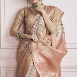 Mesmerising Pink Digital Printed Khadi Silk Saree With Refreshing Blouse Piece