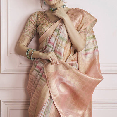 Mesmerising Pink Digital Printed Khadi Silk Saree With Refreshing Blouse Piece