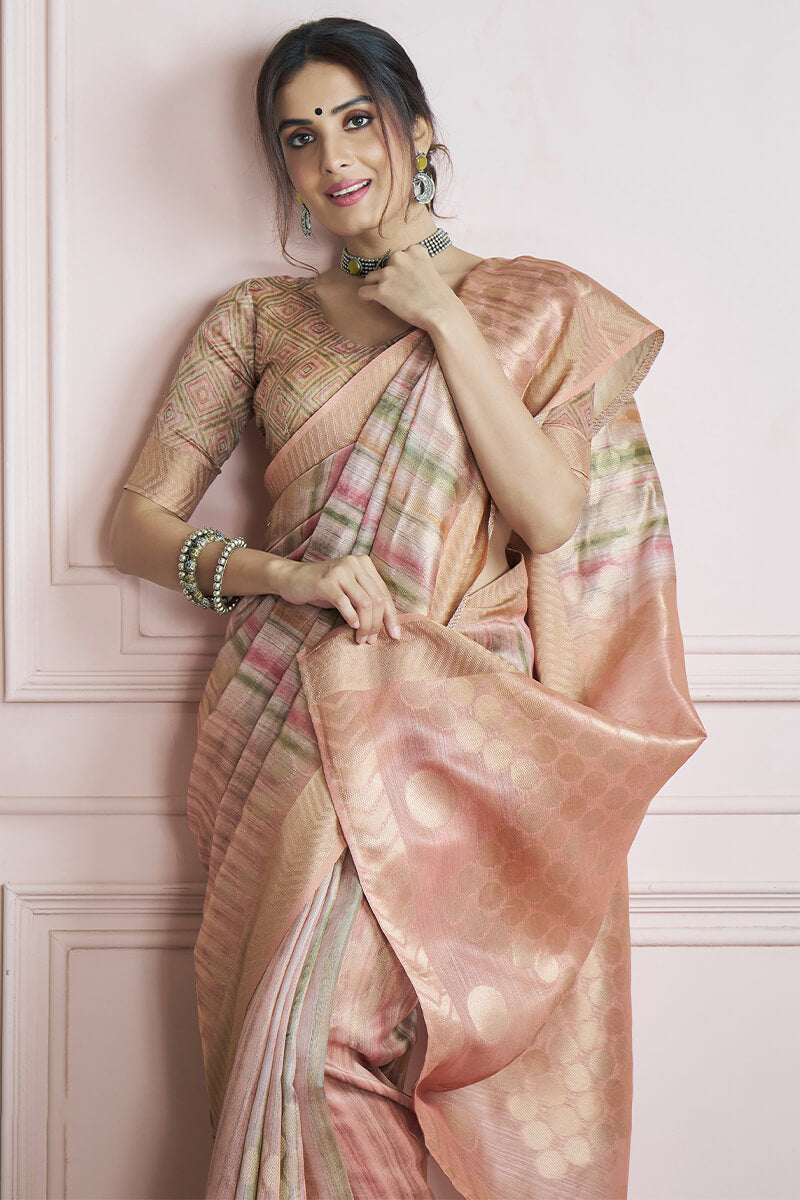 Mesmerising Pink Digital Printed Khadi Silk Saree With Refreshing Blouse Piece