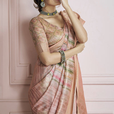 Mesmerising Pink Digital Printed Khadi Silk Saree With Refreshing Blouse Piece