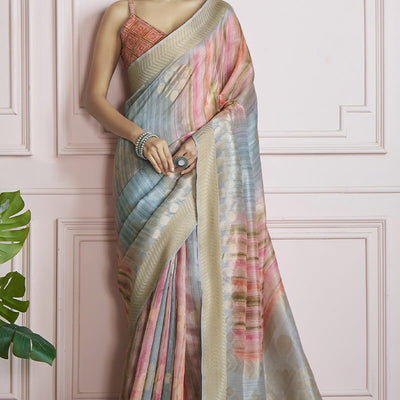 Enthralling Multicolor Digital Printed Khadi Silk Saree With Staring Blouse Piece