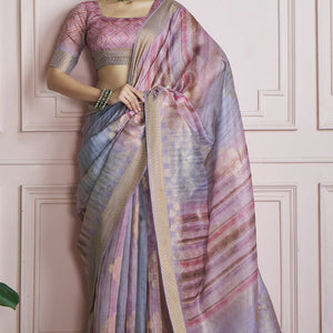 Incredible Lavendor Digital Printed Khadi Silk Saree With Effervescent Blouse Piece