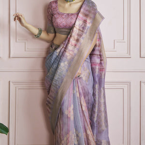Incredible Lavendor Digital Printed Khadi Silk Saree With Effervescent Blouse Piece