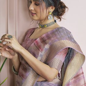 Incredible Lavendor Digital Printed Khadi Silk Saree With Effervescent Blouse Piece