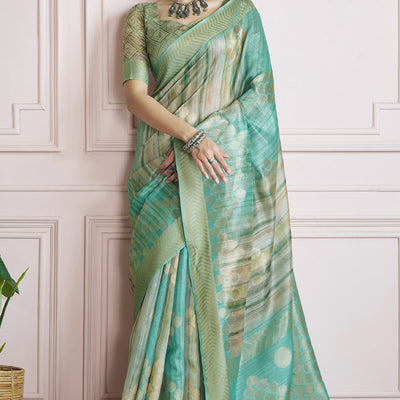 Extraordinary Sea Green Digital Printed Khadi Silk Saree With Impressive Blouse Piece