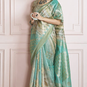 Extraordinary Sea Green Digital Printed Khadi Silk Saree With Impressive Blouse Piece