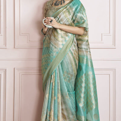 Extraordinary Sea Green Digital Printed Khadi Silk Saree With Impressive Blouse Piece