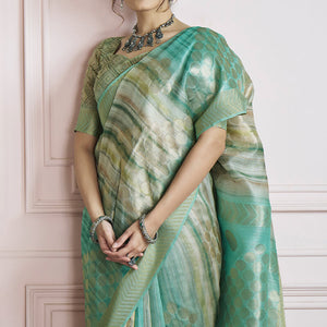 Extraordinary Sea Green Digital Printed Khadi Silk Saree With Impressive Blouse Piece