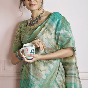 Extraordinary Sea Green Digital Printed Khadi Silk Saree With Impressive Blouse Piece