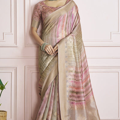 Ornate Sea Green Digital Printed Khadi Silk Saree With Engaging Blouse Piece