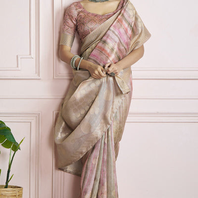 Ornate Sea Green Digital Printed Khadi Silk Saree With Engaging Blouse Piece