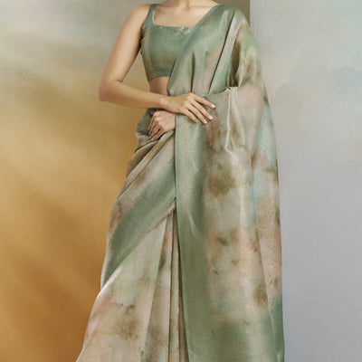 Panache Pista Digital Printed Soft Silk Saree With Petrichor Blouse Piece