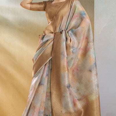 Redolent Brown Digital Printed Soft Silk Saree With Inimitable Blouse Piece