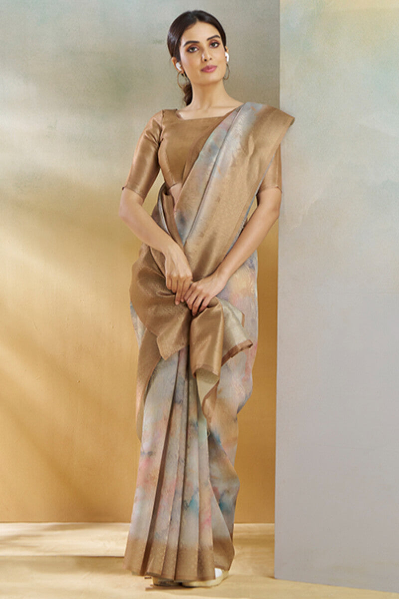 Redolent Brown Digital Printed Soft Silk Saree With Inimitable Blouse Piece