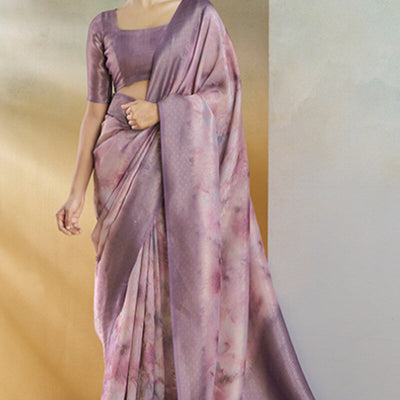Elaborate Lavender Digital Printed Soft Silk Saree With Sophisticated Blouse Piece