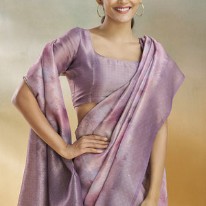 Elaborate Lavender Digital Printed Soft Silk Saree With Sophisticated Blouse Piece