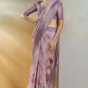 Elaborate Lavender Digital Printed Soft Silk Saree With Sophisticated Blouse Piece