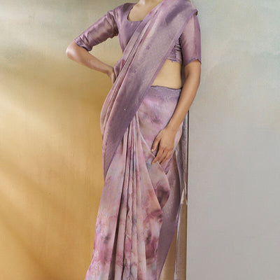 Elaborate Lavender Digital Printed Soft Silk Saree With Sophisticated Blouse Piece