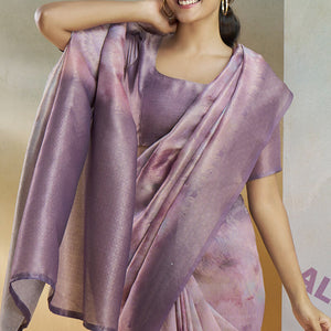 Elaborate Lavender Digital Printed Soft Silk Saree With Sophisticated Blouse Piece