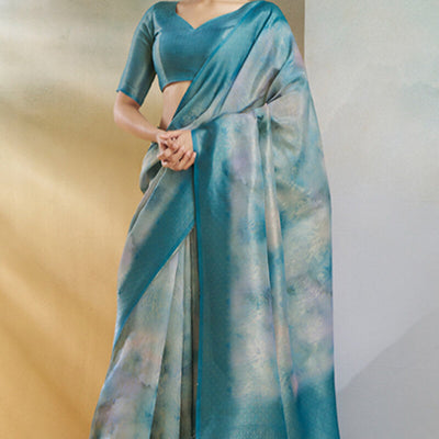 Dissemble Blue Digital Printed Soft Silk Saree With Serendipity Blouse Piece