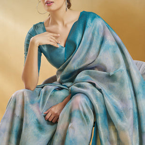 Dissemble Blue Digital Printed Soft Silk Saree With Serendipity Blouse Piece