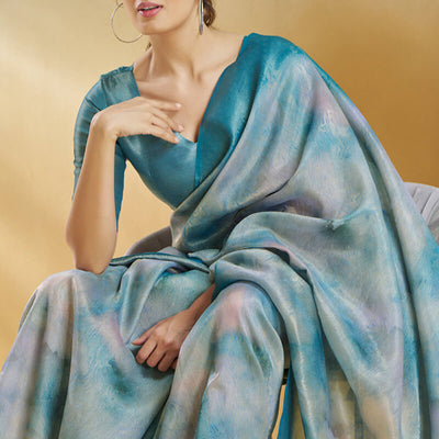 Dissemble Blue Digital Printed Soft Silk Saree With Serendipity Blouse Piece