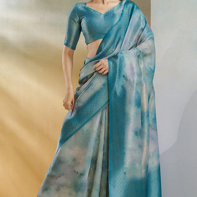 Dissemble Blue Digital Printed Soft Silk Saree With Serendipity Blouse Piece