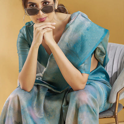 Dissemble Blue Digital Printed Soft Silk Saree With Serendipity Blouse Piece