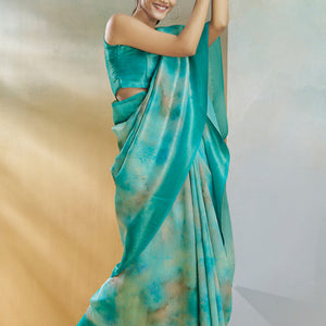 Beguiling Turquoise Digital Printed Soft Silk Saree With Alluring Blouse Piece