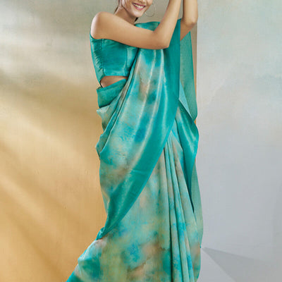 Beguiling Turquoise Digital Printed Soft Silk Saree With Alluring Blouse Piece