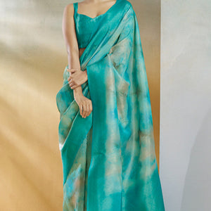 Beguiling Turquoise Digital Printed Soft Silk Saree With Alluring Blouse Piece