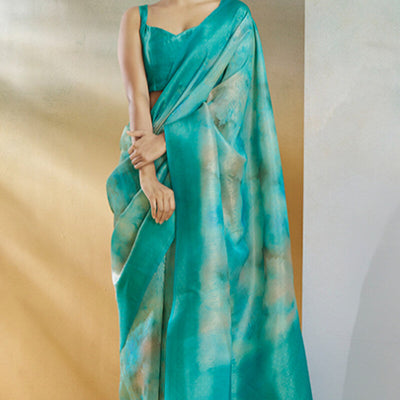 Beguiling Turquoise Digital Printed Soft Silk Saree With Alluring Blouse Piece