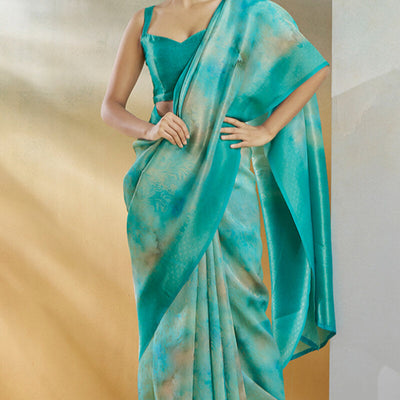 Beguiling Turquoise Digital Printed Soft Silk Saree With Alluring Blouse Piece
