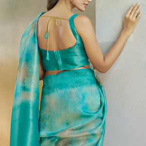 Beguiling Turquoise Digital Printed Soft Silk Saree With Alluring Blouse Piece
